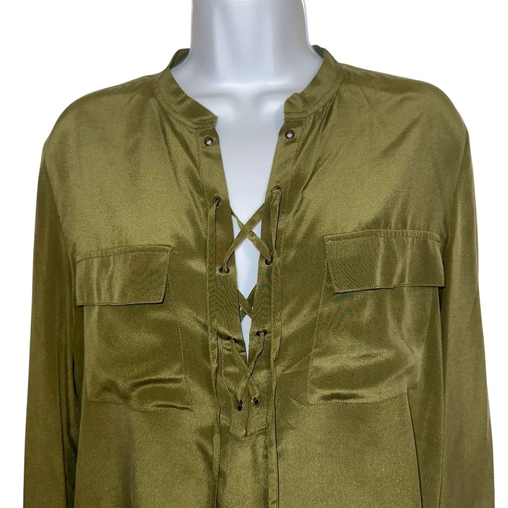 MADEWELL Olive Green Silk Lace Up Long Sleeve Monroe Blouse EUC Size Small - Picture 3 of 7
